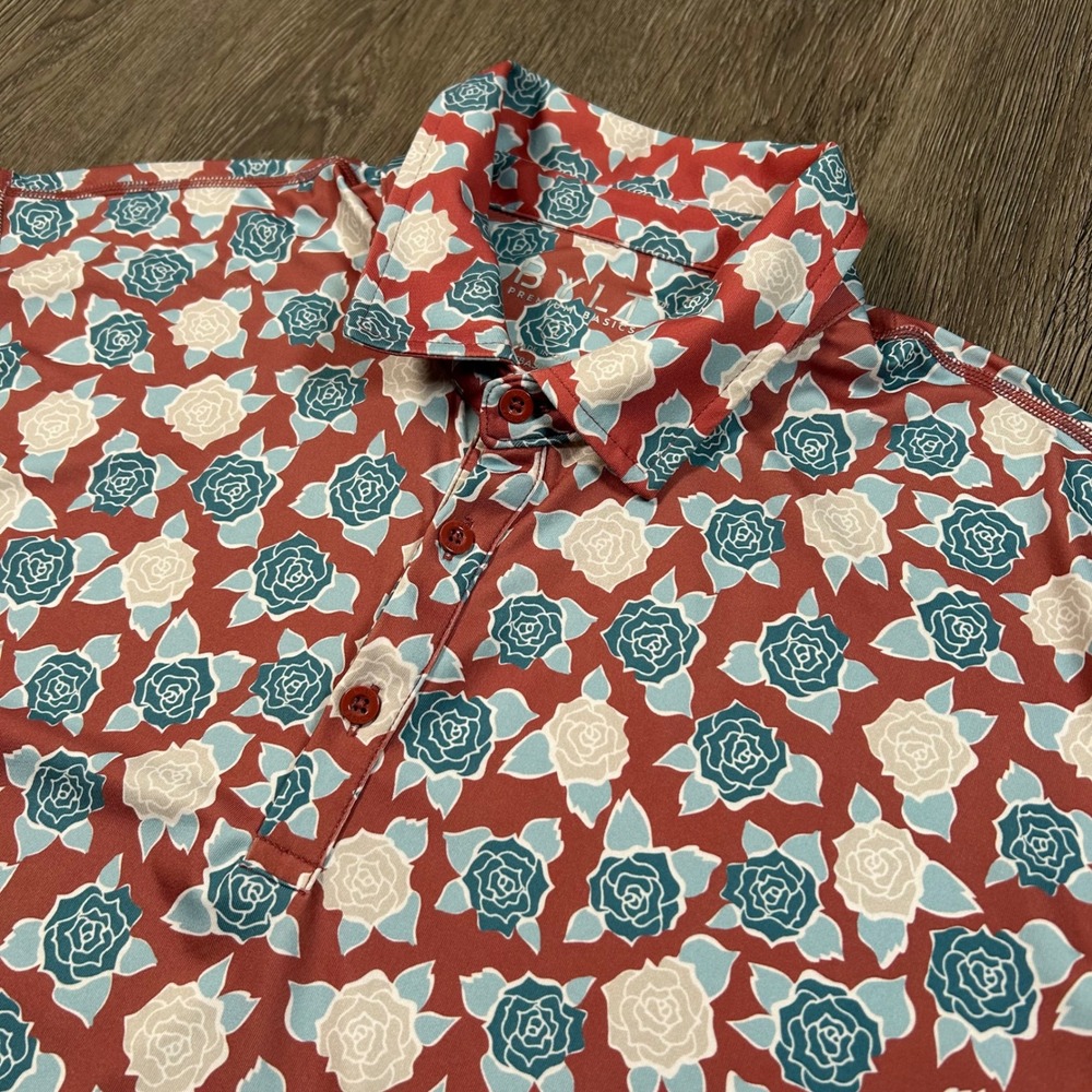 BYLT Premium Basics Polo Large Red Floral Rose Holiday SS Polo BLM CP01